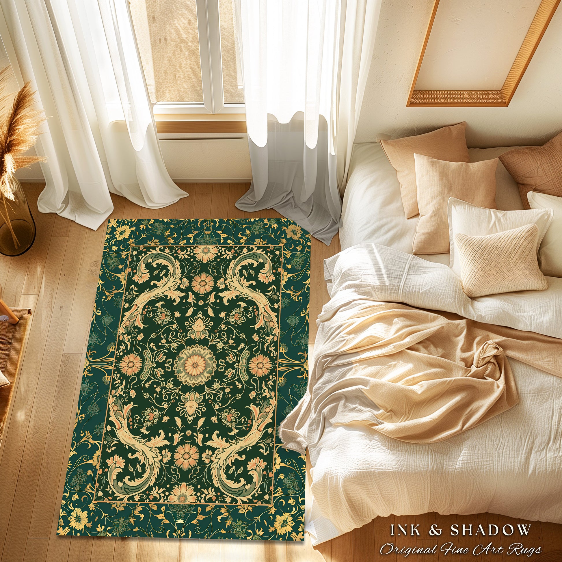 Bohemian Aesthetic Dark Green Area Rug | Baroque Emerald Green Victorian Home Accent Rug Floral Elegance Ornate Classical Ornamental Style |