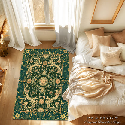 Bohemian Aesthetic Dark Green Area Rug | Baroque Emerald Green Victorian Home Accent Rug Floral Elegance Ornate Classical Ornamental Style |