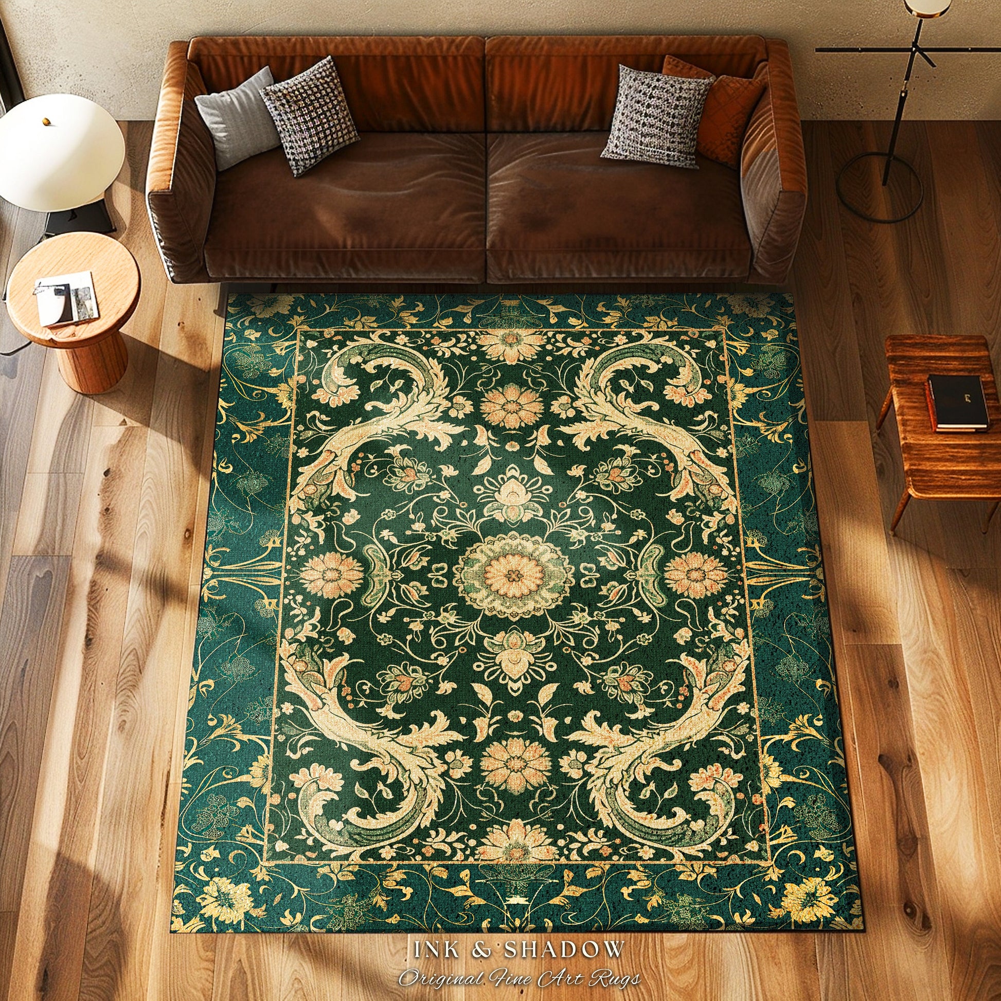 Bohemian Aesthetic Dark Green Area Rug | Baroque Emerald Green Victorian Home Accent Rug Floral Elegance Ornate Classical Ornamental Style |