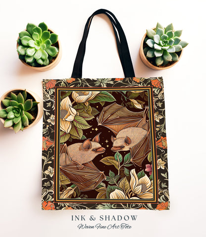 Bat Lover Boho Tote Aesthetic Gothic Gift Floral Dark Cottagecore Shoulderbag Witchy Bookbag Gift for Goth Bat Celestial Tote Tapestry Bag