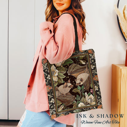 Bat Lover Boho Tote Aesthetic Gothic Gift Floral Dark Cottagecore Shoulderbag Witchy Bookbag Gift for Goth Bat Celestial Tote Tapestry Bag