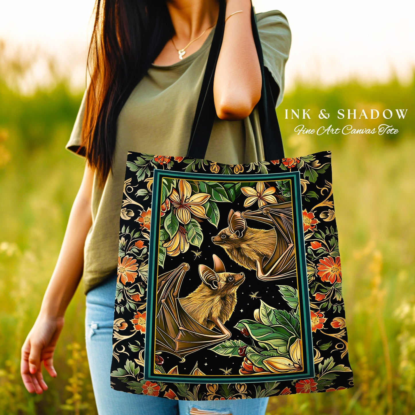 Floral Bat Lovers Tapestry Tote Gothic Gift for Bat Lover Dark Cottagecore Dark Floral Satchel Witchy Victorian Gothic Crowcore Shoulder Bag