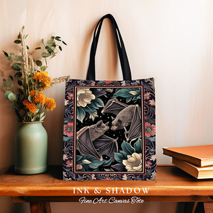 Gothic Bat Tote Bag Boho Dark Floral Gothic Gift for Bat Lover Dark Cottagecore Dark Floral Satchel Dark Bats Witchy Bag Woven Tapestry Tote