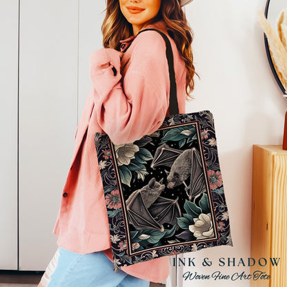 Gothic Bat Tote Bag Boho Dark Floral Gothic Gift for Bat Lover Dark Cottagecore Dark Floral Satchel Dark Bats Witchy Bag Woven Tapestry Tote