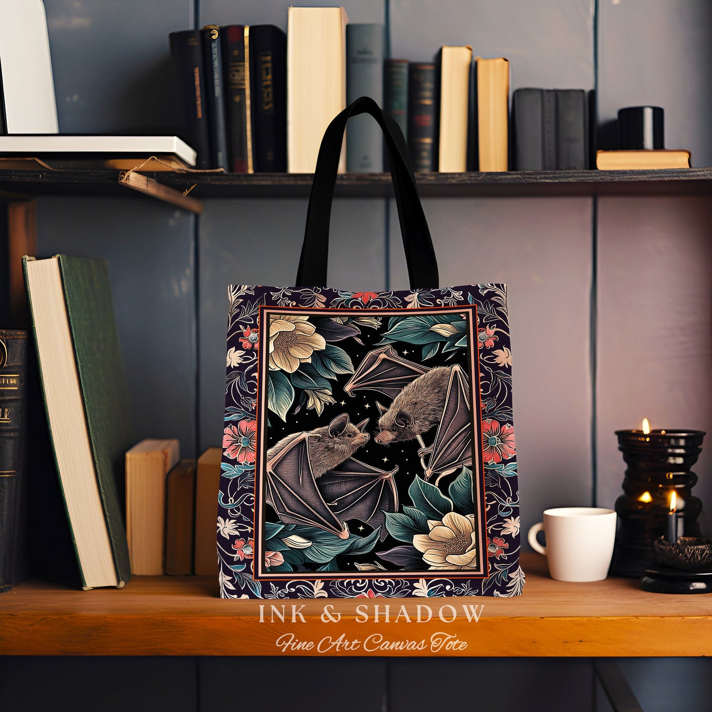 Gothic Bat Tote Bag Boho Dark Floral Gothic Gift for Bat Lover Dark Cottagecore Dark Floral Satchel Dark Bats Witchy Bag Woven Tapestry Tote