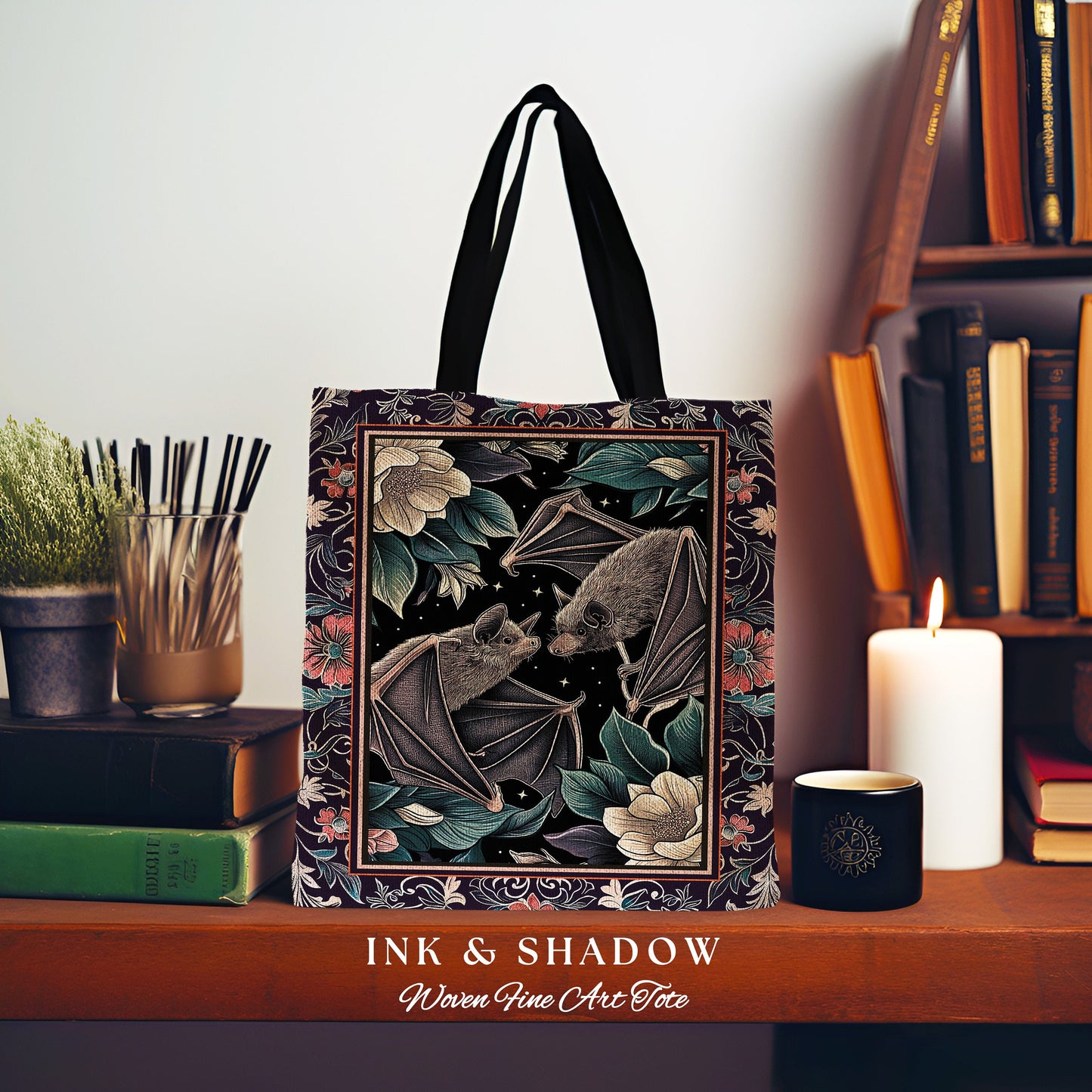 Gothic Bat Tote Bag Boho Dark Floral Gothic Gift for Bat Lover Dark Cottagecore Dark Floral Satchel Dark Bats Witchy Bag Woven Tapestry Tote