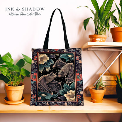 Gothic Bat Tote Bag Boho Dark Floral Gothic Gift for Bat Lover Dark Cottagecore Dark Floral Satchel Dark Bats Witchy Bag Woven Tapestry Tote