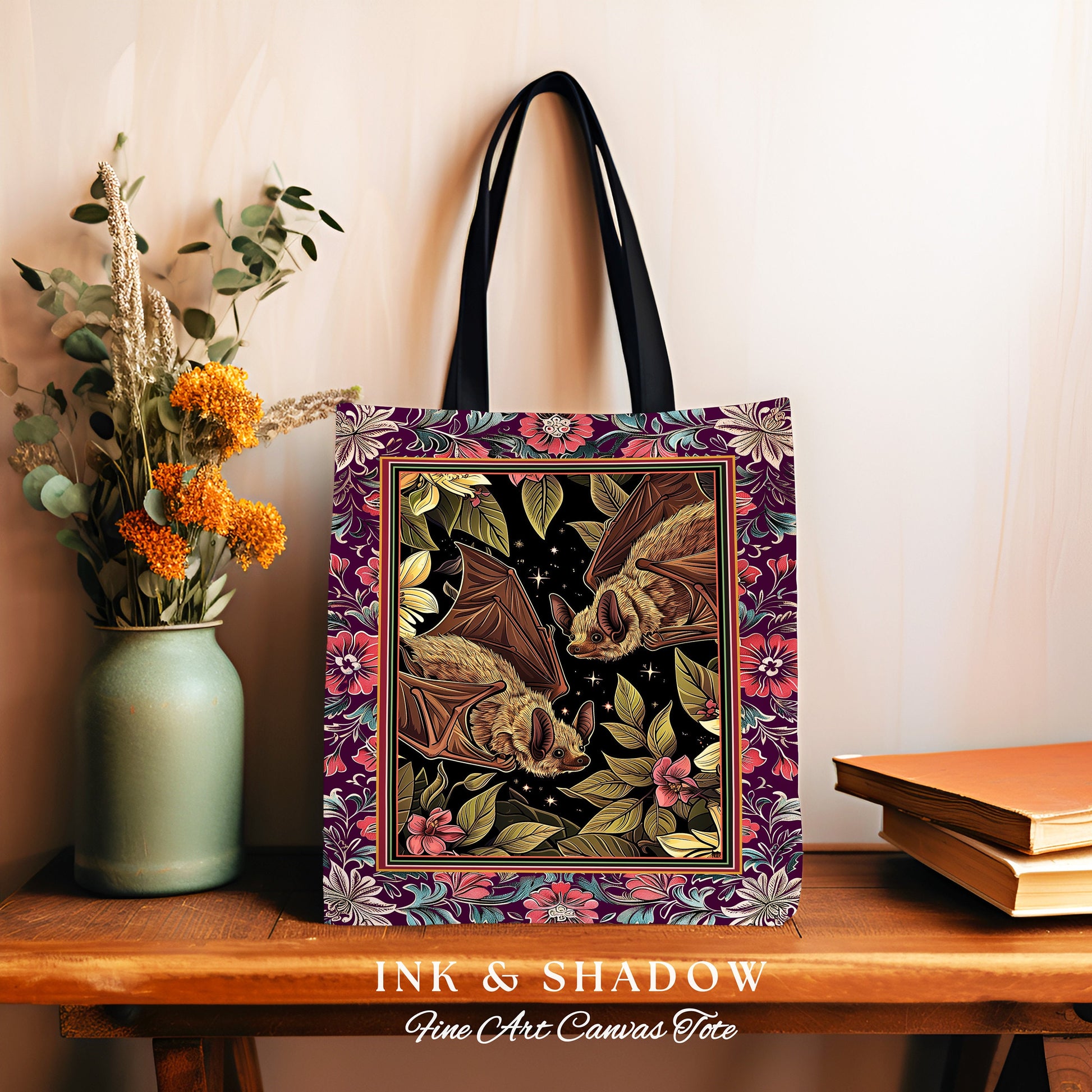 Romantic Dark Floral Bat Tapestry Bag Woven Tote Victorian Goth Bag Purse Dark Cottagecore Gothic Bat Gifts Dark Academia Shoulder Bag