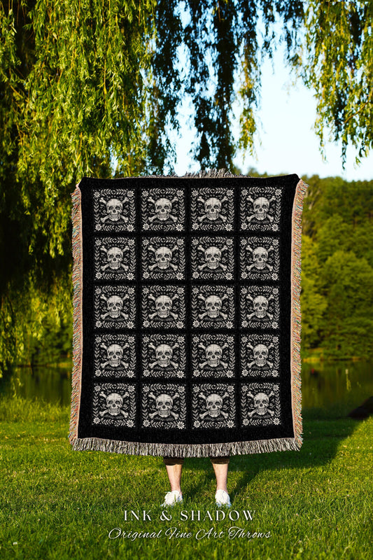 Gothic Skull Blanket Woven Tapestry Throw Spooky Creepy Season Halloween Gift for Goths Witchy Home Decor Skeleton Skull Cross Bones Blanket