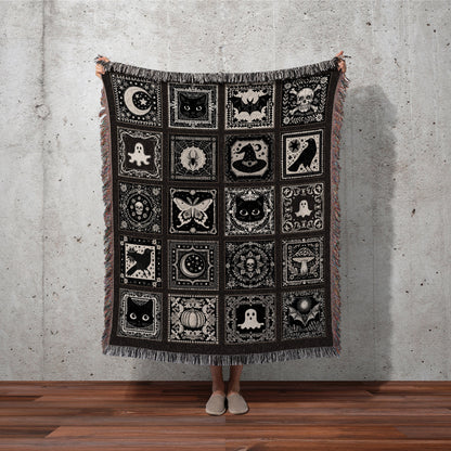 Witchy Woven Cotton Throw Spooky Creepy Witch Blanket Cute Halloween Tapestry Scary Spooky Season Nights Gift for Goths Dark Aesthetic Decor