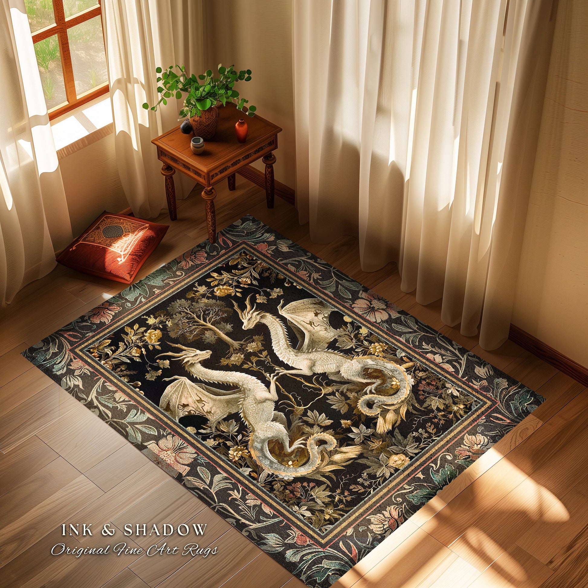 Fantasy Inspired Dragon Rug Victorian Gothic Decor | Enchanted Medieval Dragon Lovers Light Academia Rug Whimsigothic Fantasy Art Mystic Rug