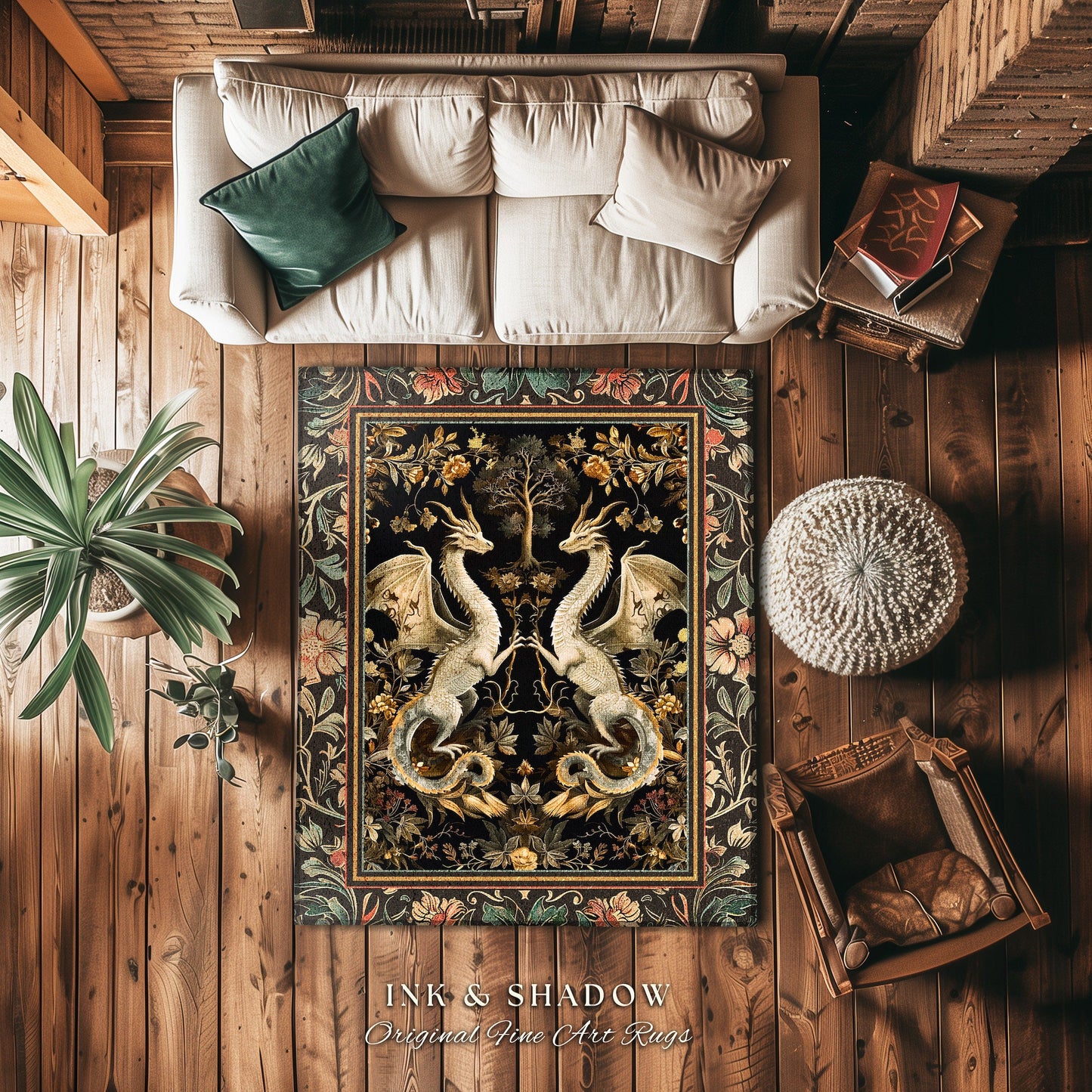 Fantasy Inspired Dragon Rug Victorian Gothic Decor | Enchanted Medieval Dragon Lovers Light Academia Rug Whimsigothic Fantasy Art Mystic Rug