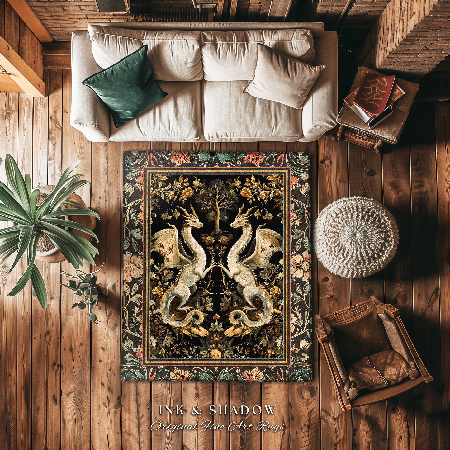 Fantasy Inspired Dragon Rug Victorian Gothic Decor | Enchanted Medieval Dragon Lovers Light Academia Rug Whimsigothic Fantasy Art Mystic Rug