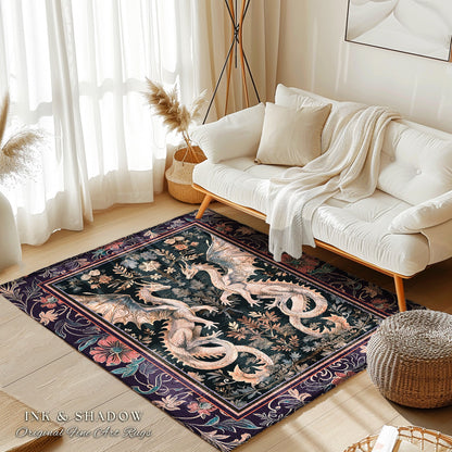 Victorian Gothic Dragon Rug Enchanted Floral Baroque Decor | Mystical Medieval Art Nouveau Woodland Charm Whimsigothic Cottagecore Accent