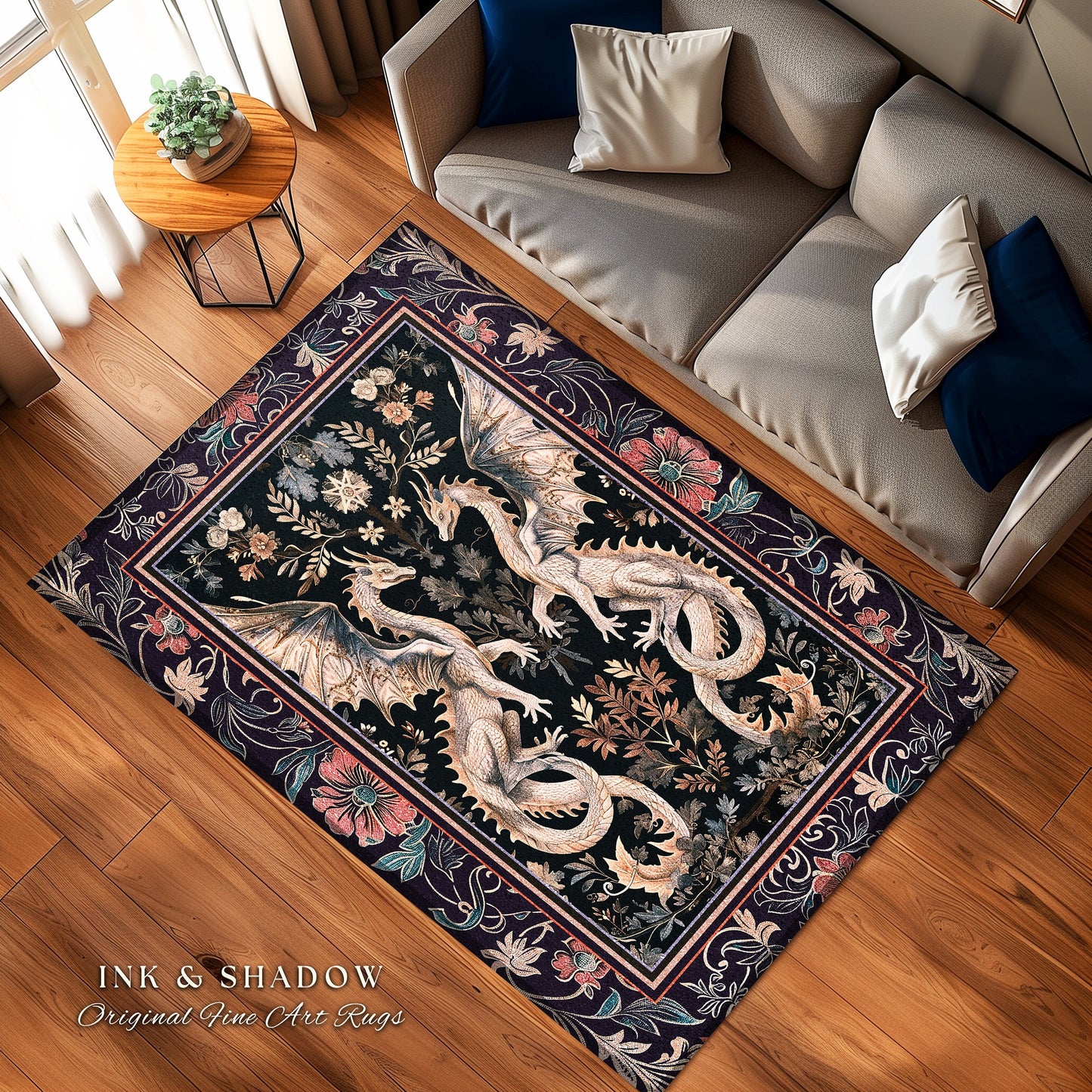 Victorian Gothic Dragon Rug Enchanted Floral Baroque Decor | Mystical Medieval Art Nouveau Woodland Charm Whimsigothic Cottagecore Accent