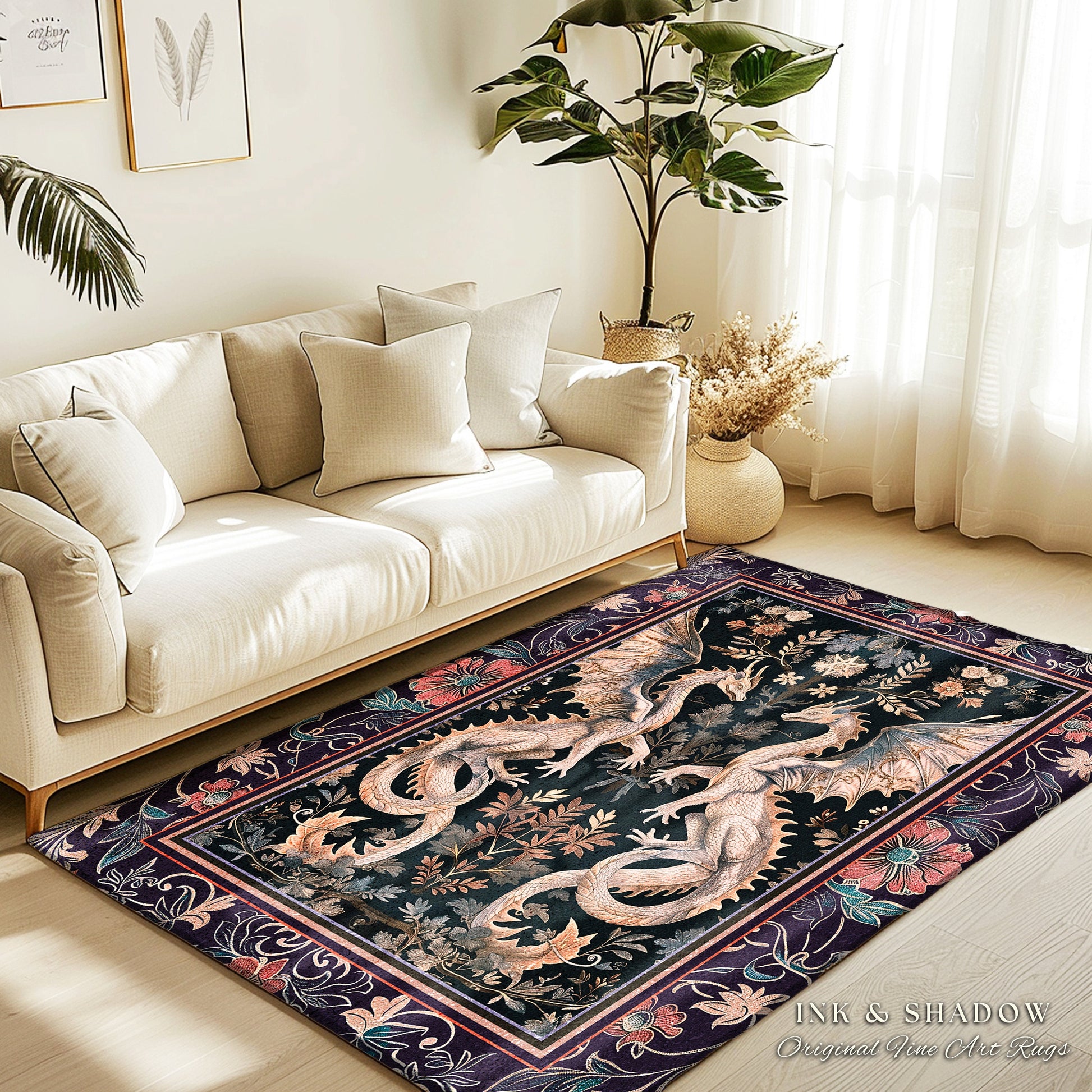 Victorian Gothic Dragon Rug Enchanted Floral Baroque Decor | Mystical Medieval Art Nouveau Woodland Charm Whimsigothic Cottagecore Accent