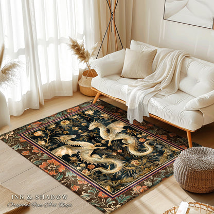 Fantasy Inspired Dragon Rug Victorian Gothic Decor | Enchanted Medieval Dragon Lovers Light Academia Mystical Mythological Whimsigothic Art