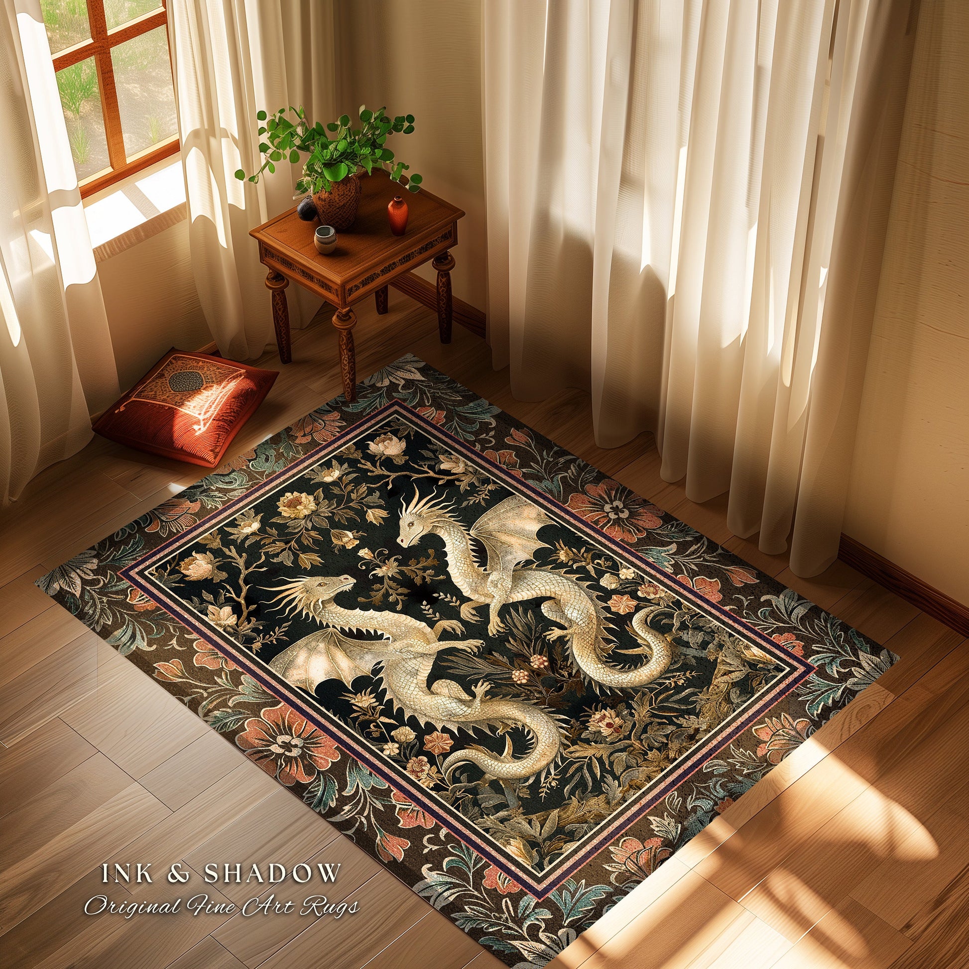 Fantasy Inspired Dragon Rug Victorian Gothic Decor | Enchanted Medieval Dragon Lovers Light Academia Mystical Mythological Whimsigothic Art