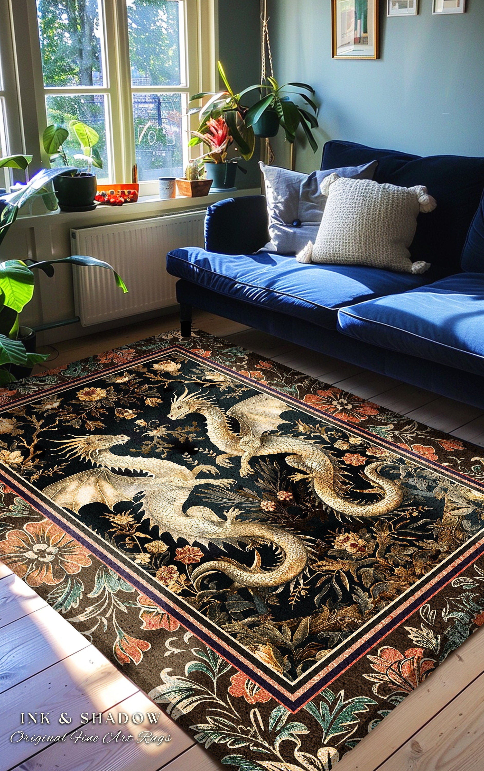 Fantasy Inspired Dragon Rug Victorian Gothic Decor | Enchanted Medieval Dragon Lovers Light Academia Mystical Mythological Whimsigothic Art