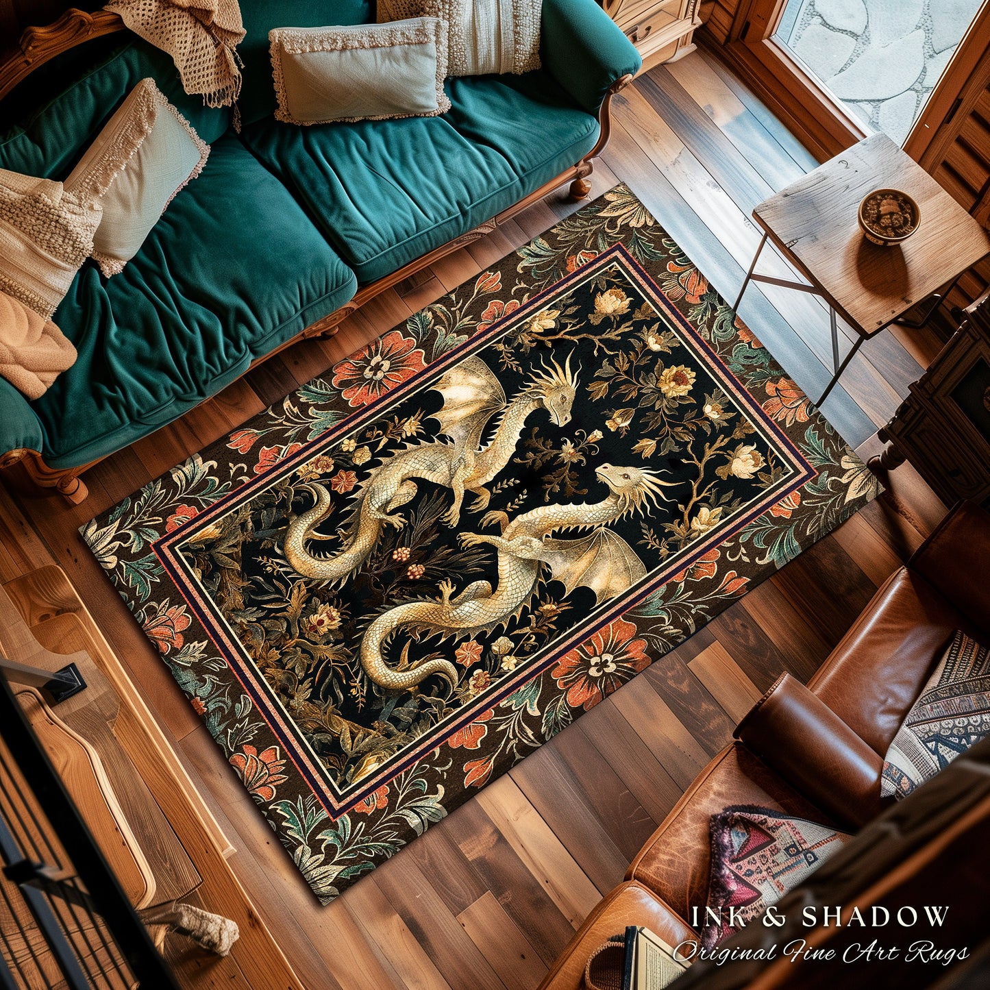 Fantasy Inspired Dragon Rug Victorian Gothic Decor | Enchanted Medieval Dragon Lovers Light Academia Mystical Mythological Whimsigothic Art