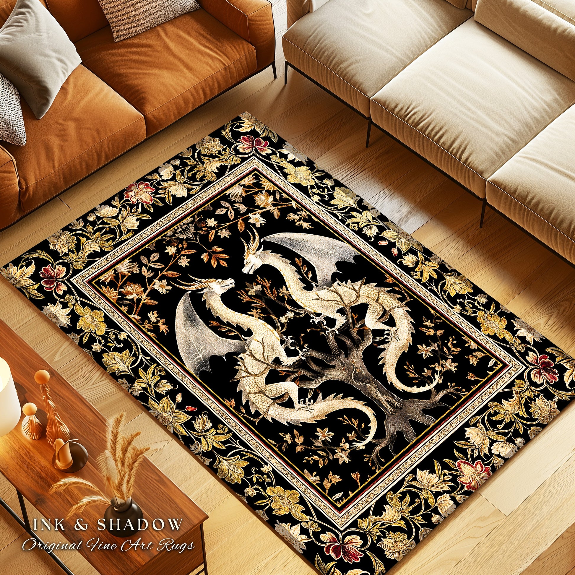 Ethereal Dragon Lover Rug Magical Fantasy Gothic Decor | Enchanted Artful Gift Fairytale Decor Dragon Art Deco Rug Dark Academia Decor |