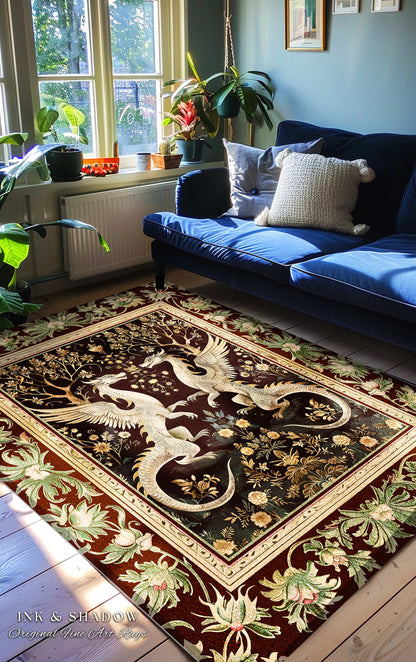 Dark Whimsy Dragon Lovers Rug Fantasy Decor | Enchanted Aesthetic Fairycore Gifts Mythical Decorative Carpet Dragon Art Fairy Tale Area Rug