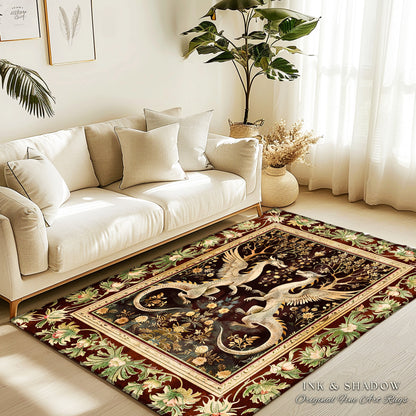 Dark Whimsy Dragon Lovers Rug Fantasy Decor | Enchanted Aesthetic Fairycore Gifts Mythical Decorative Carpet Dragon Art Fairy Tale Area Rug