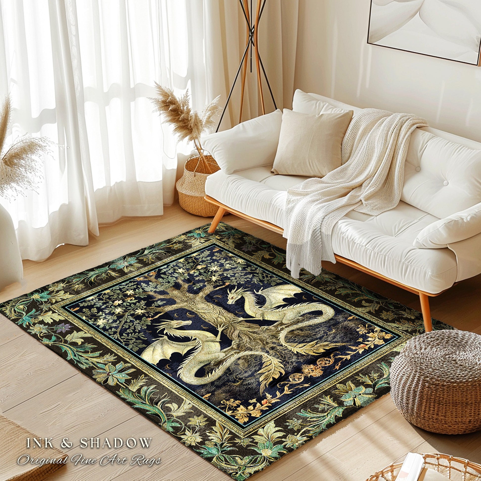 Botanical Gothic Dragon Rug Mythical Tree of Life Fantasy Art Nouveau Decor, Enchanted Woodland Cottagecore Medieval Inspired Whimsigoth Art