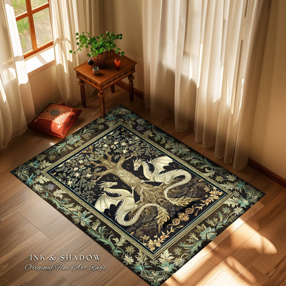 Botanical Gothic Dragon Rug Mythical Tree of Life Fantasy Art Nouveau Decor, Enchanted Woodland Cottagecore Medieval Inspired Whimsigoth Art