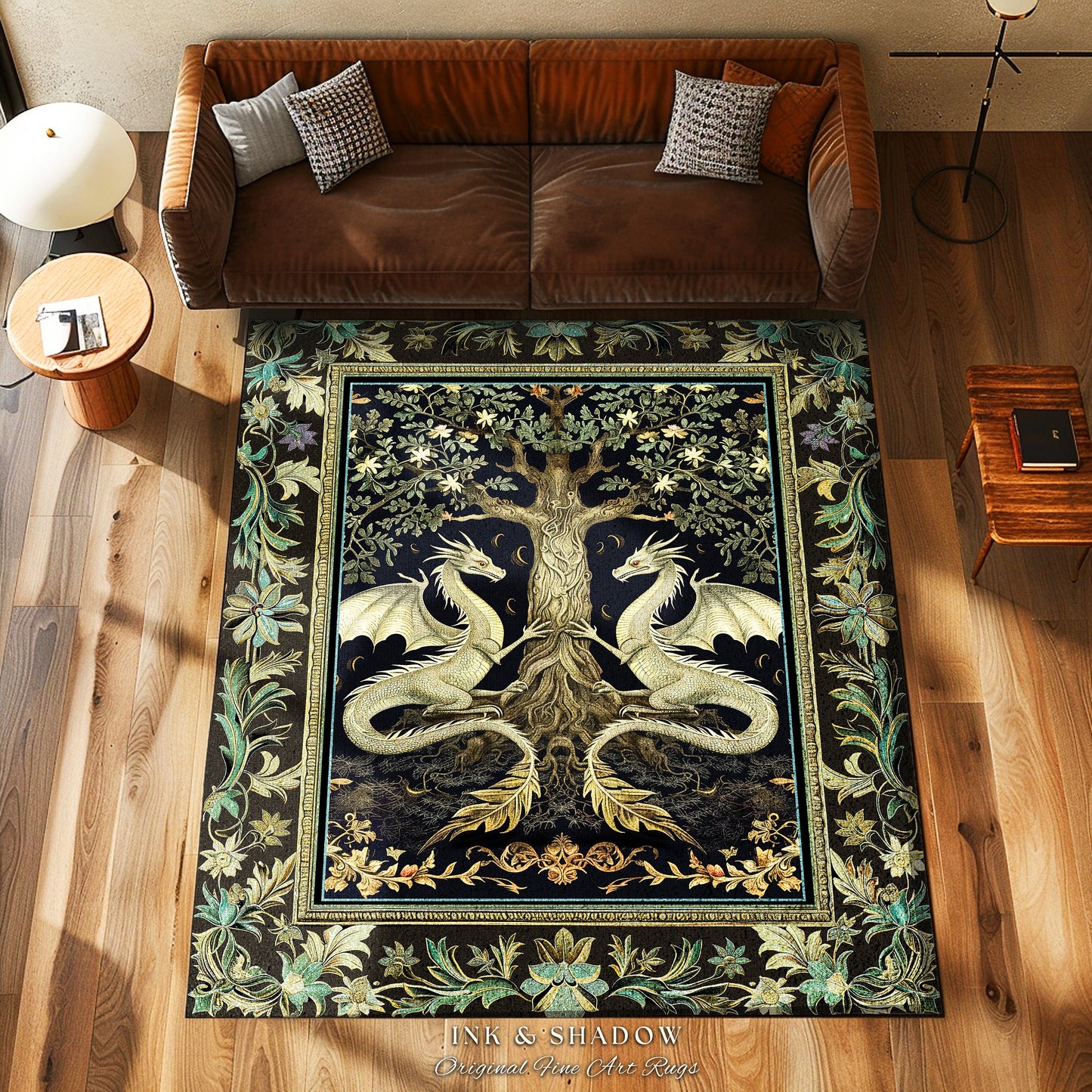 Botanical Gothic Dragon Rug Mythical Tree of Life Fantasy Art Nouveau Decor, Enchanted Woodland Cottagecore Medieval Inspired Whimsigoth Art