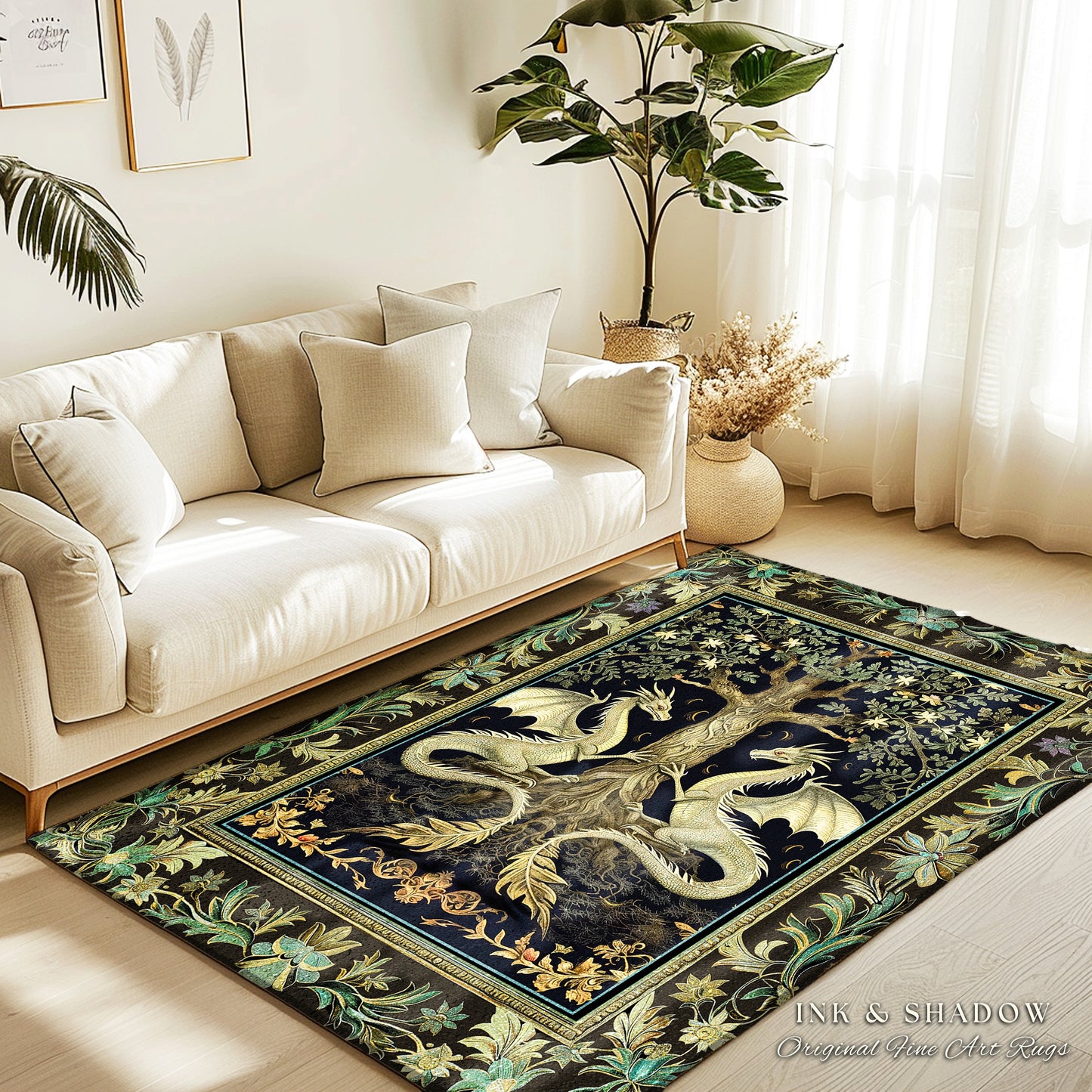 Botanical Gothic Dragon Rug Mythical Tree of Life Fantasy Art Nouveau Decor, Enchanted Woodland Cottagecore Medieval Inspired Whimsigoth Art