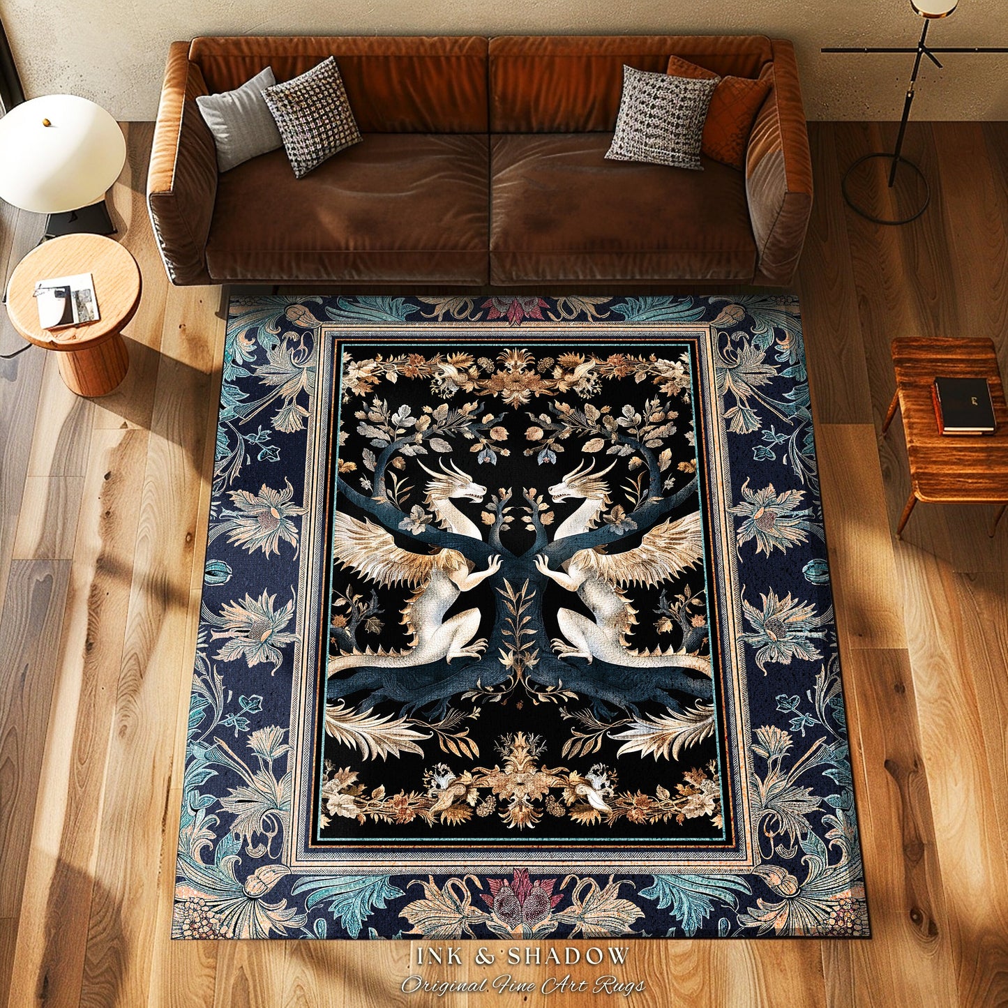 Ethereal Magical Dragon Rug Victorian Gothic Enchanted Forest Scene | Ornate Art Nouveau Baroque Decor Medieval Fantasy Cottagecore Accent