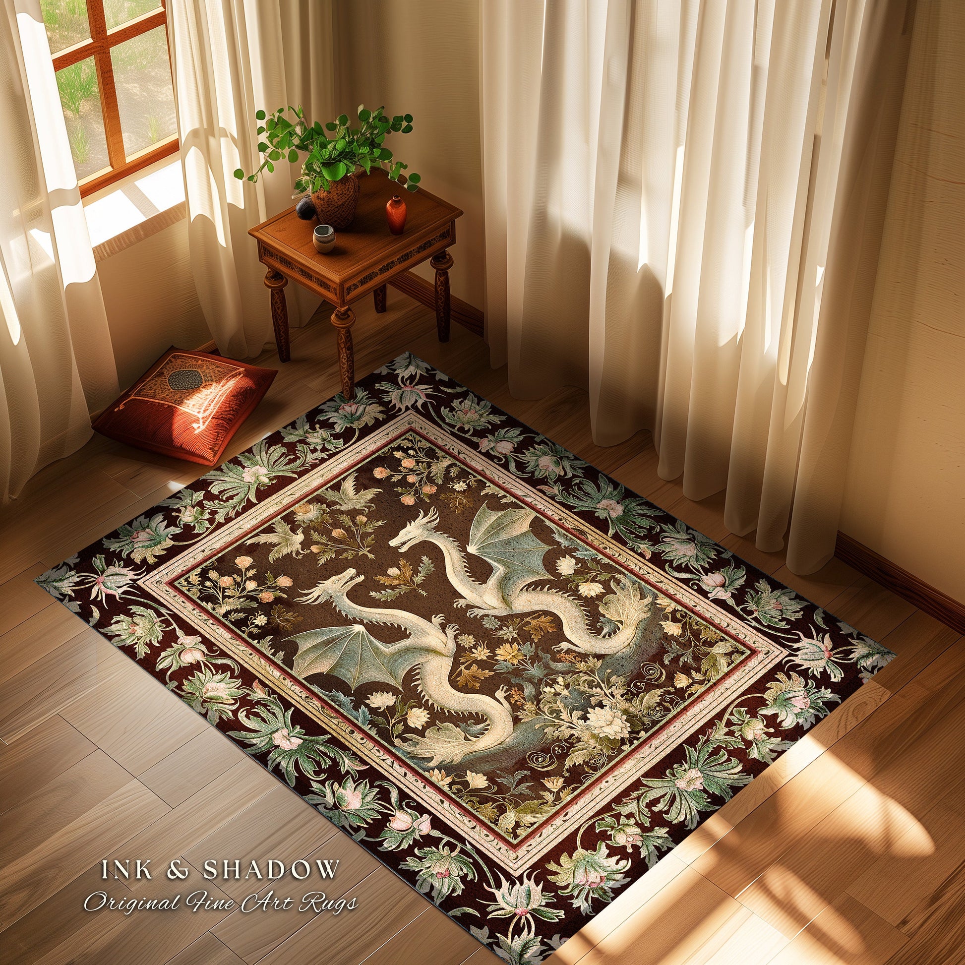 Regal Medieval Victorian Gothic Dragon Rug Ornate Floral Baroque Whimsy, Ethereal Fantasy Art Nouveau Enchanted Magic Woodland Cottagecore