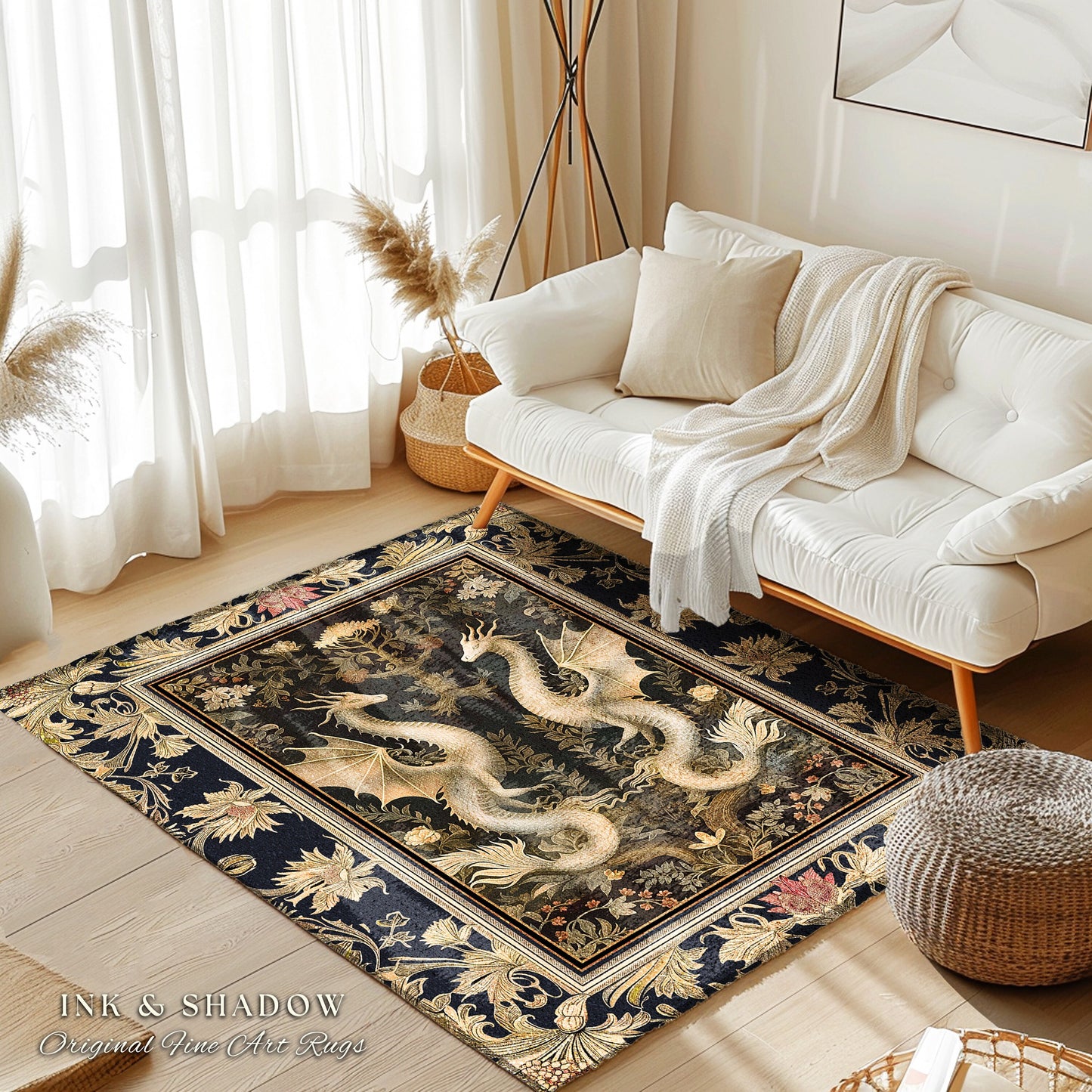 Majestic Baroque Victorian Gothic Dragon Rug Ornate Floral Fantasy Whimsy Art Nouveau Decor Medieval Inspired Cottagecore Enchanted Woodland