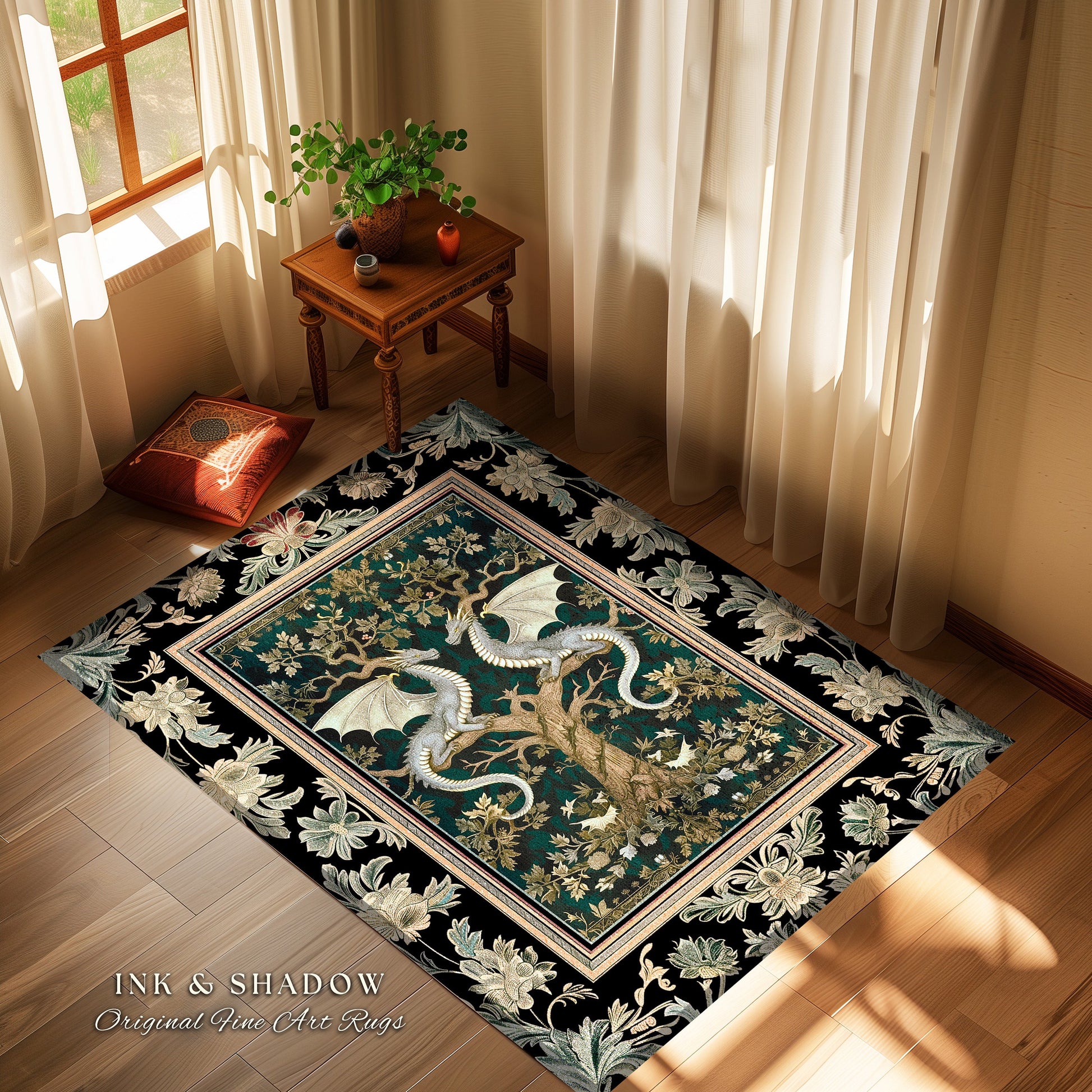 Mystical Victorian Dragon Rug Ornate Floral Art Nouveau Design, Enchanted Baroque Forest Fantasy | Medieval Gothic Cottagecore Accent Decor