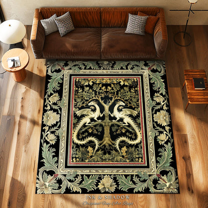 Mythical Dragon Light Academia Tree of Life Rug Enchanted Woodland Cottagecore Botanical Grunge Fairycore Fantasy Forestcore Baroque Decor