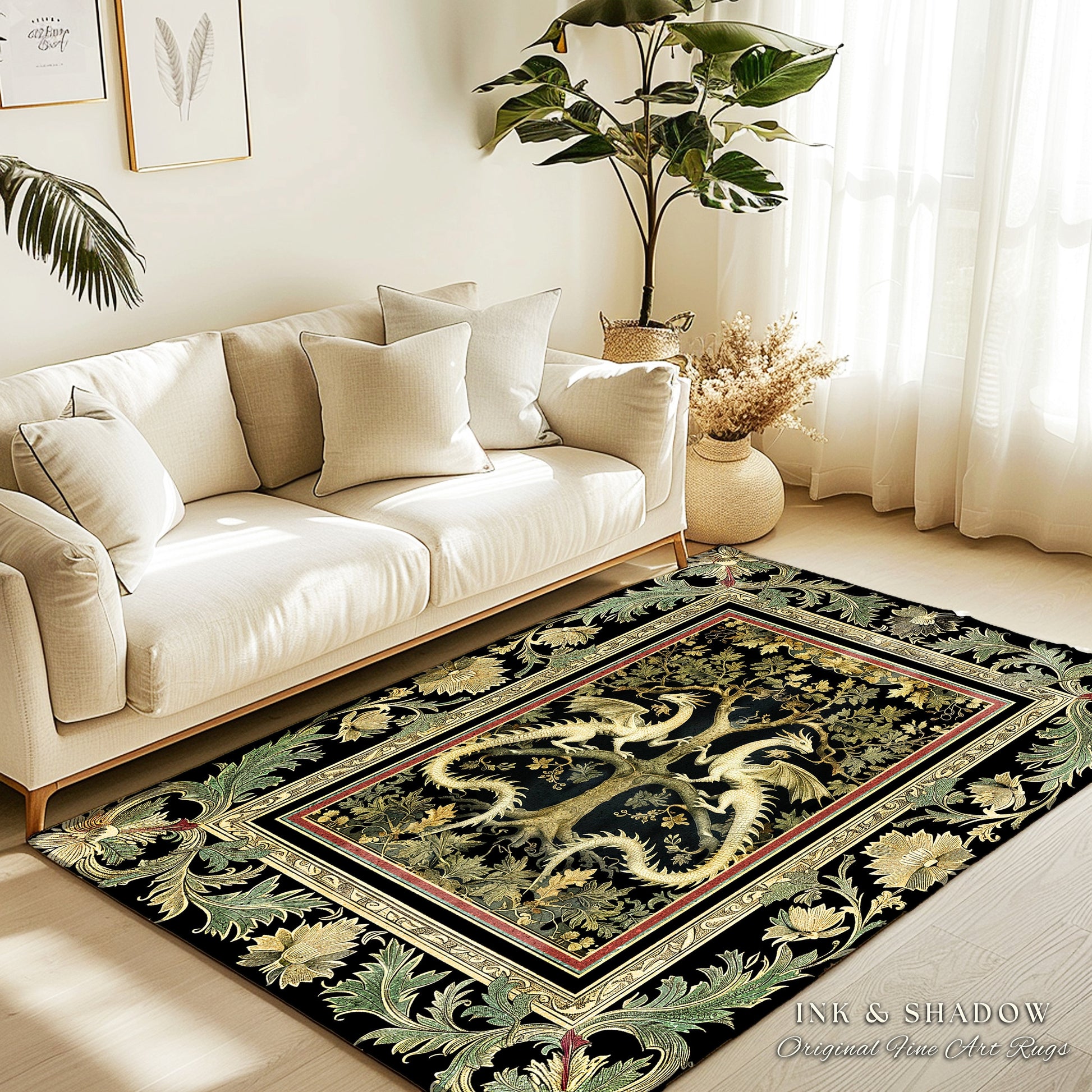 Mythical Dragon Light Academia Tree of Life Rug Enchanted Woodland Cottagecore Botanical Grunge Fairycore Fantasy Forestcore Baroque Decor