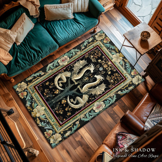 Floral Fairycore Fantasy Cottagecore Dragon Lovers Ornate Woodland Gothic Rug | Enchanted Forest Whimsigothic Art Medieval Baroque Aesthetic