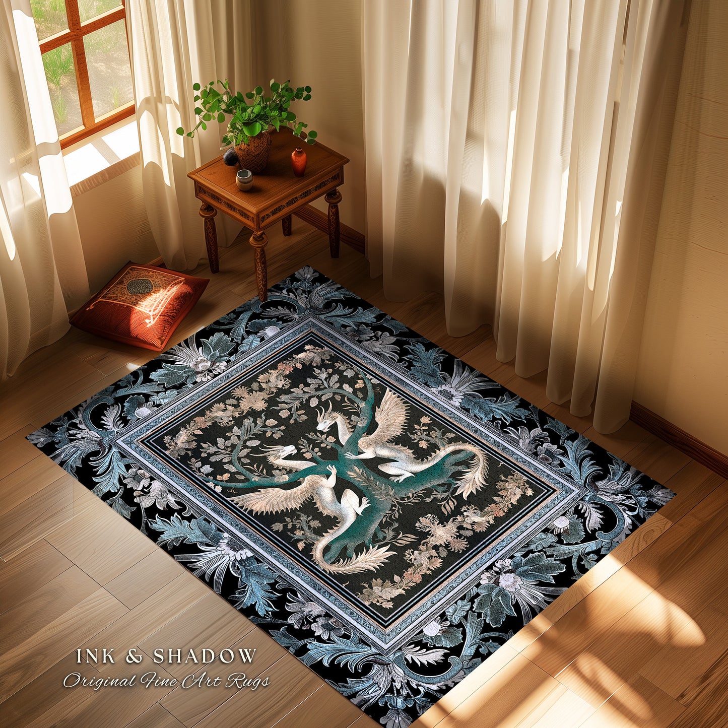 Indigo Dusty Blue Medieval Dragon Lovers Rug Mystic Fairycore Boho Art Nouveau Decor | Vintage Dark Academia Victorian Gothic Fairytale Rug