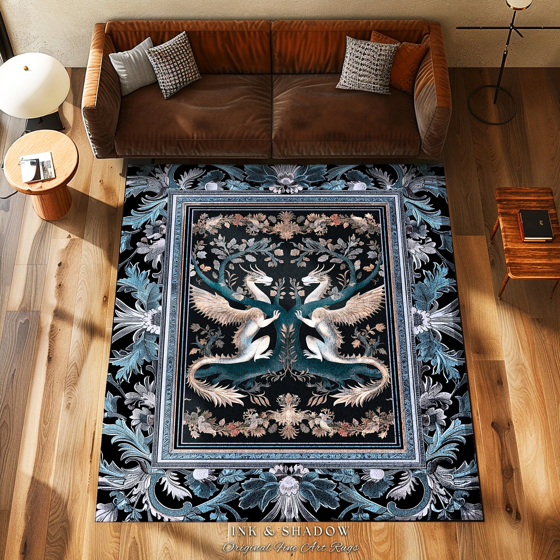 Indigo Dusty Blue Medieval Dragon Lovers Rug Mystic Fairycore Boho Art Nouveau Decor | Vintage Dark Academia Victorian Gothic Fairytale Rug