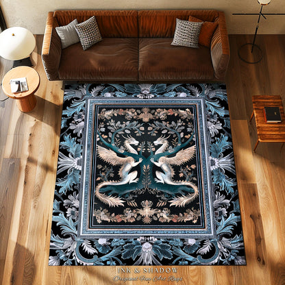 Indigo Dusty Blue Medieval Dragon Lovers Rug Mystic Fairycore Boho Art Nouveau Decor | Vintage Dark Academia Victorian Gothic Fairytale Rug