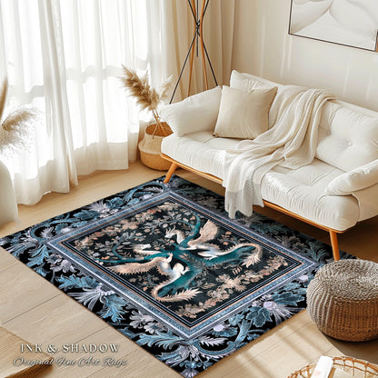 Indigo Dusty Blue Medieval Dragon Lovers Rug Mystic Fairycore Boho Art Nouveau Decor | Vintage Dark Academia Victorian Gothic Fairytale Rug