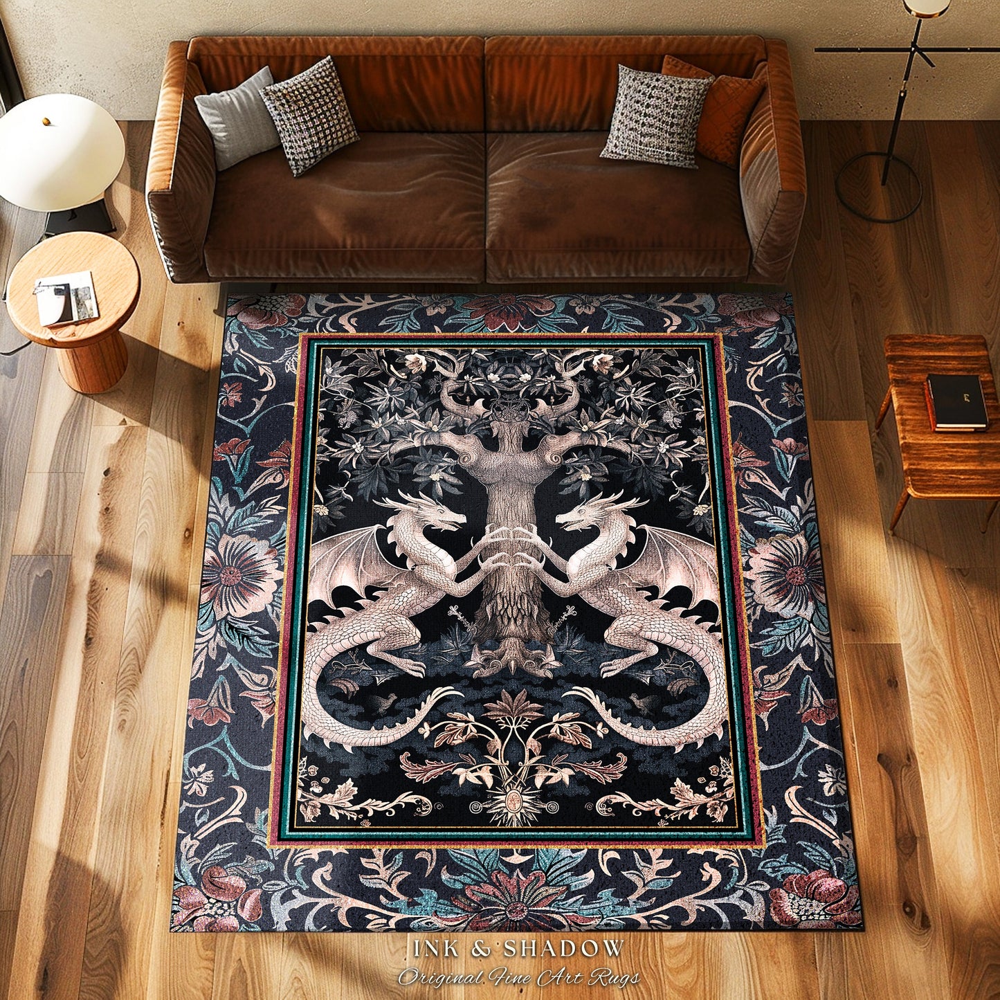 Medieval Fantasy Dragon Rug Victorian Whimsigothic Decor | Enchanted Forest Gothic Aesthetic Art Nouveau Baroque Elegance Cottagecore Style