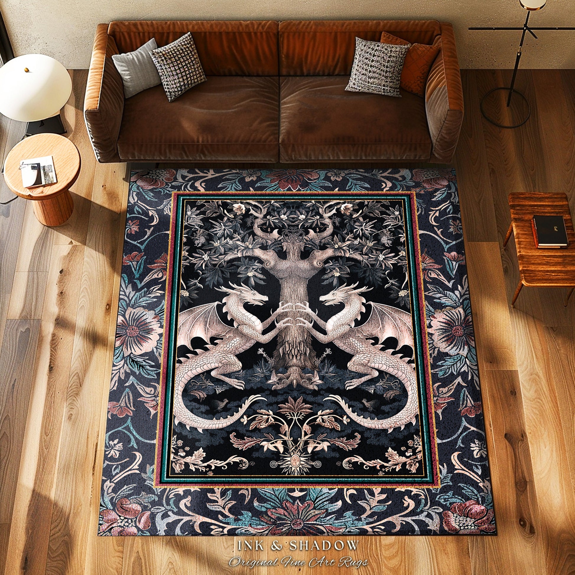 Medieval Fantasy Dragon Rug Victorian Whimsigothic Decor | Enchanted Forest Gothic Aesthetic Art Nouveau Baroque Elegance Cottagecore Style