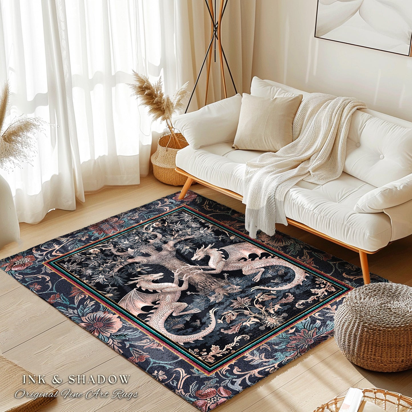 Medieval Fantasy Dragon Rug Victorian Whimsigothic Decor | Enchanted Forest Gothic Aesthetic Art Nouveau Baroque Elegance Cottagecore Style