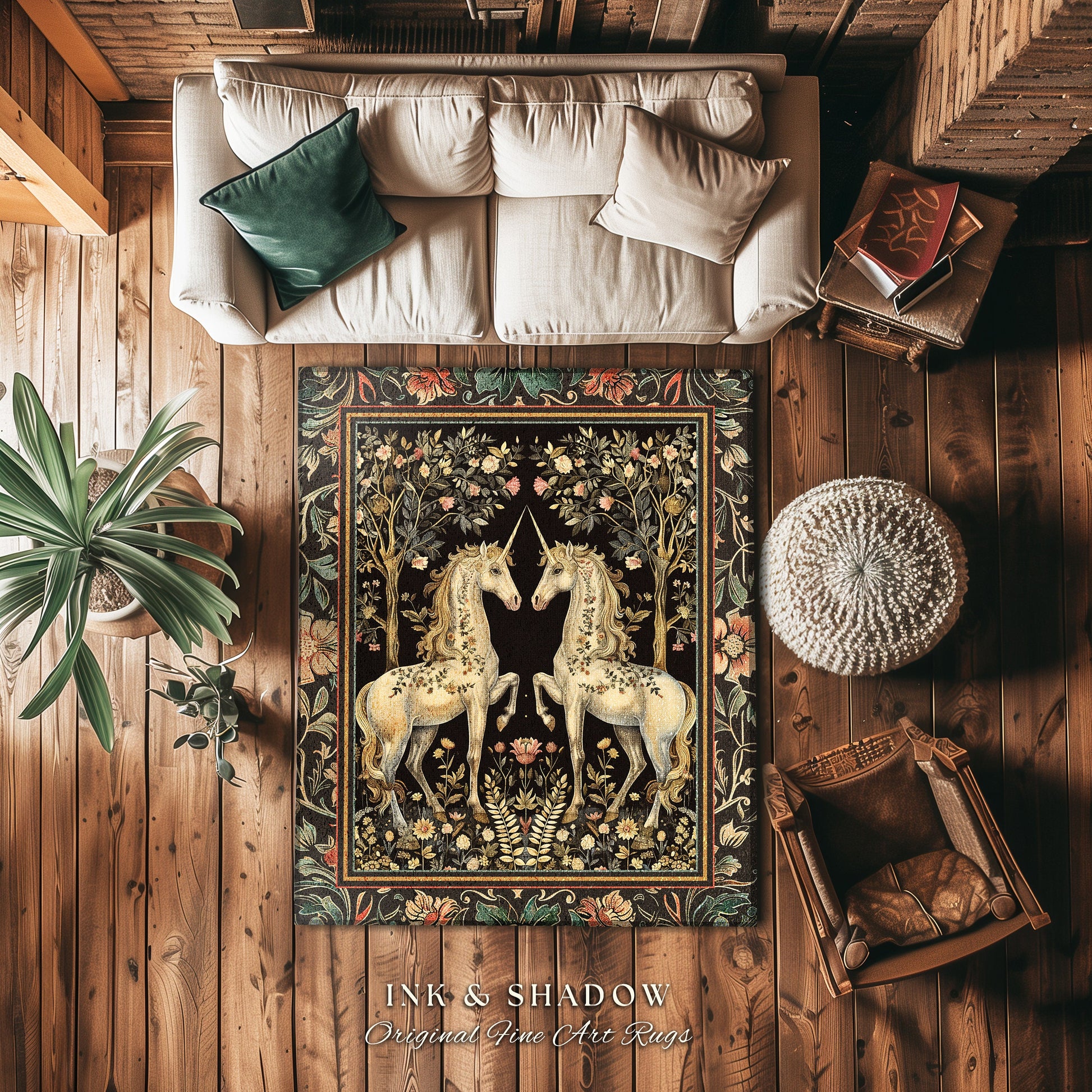 Soft Cottagecore Floral Area Rug Magical Unicorns Fairycore Fairytale Aesthetic | Whimsical Rustic Decor Baroque Romantic Mystic Forestcore