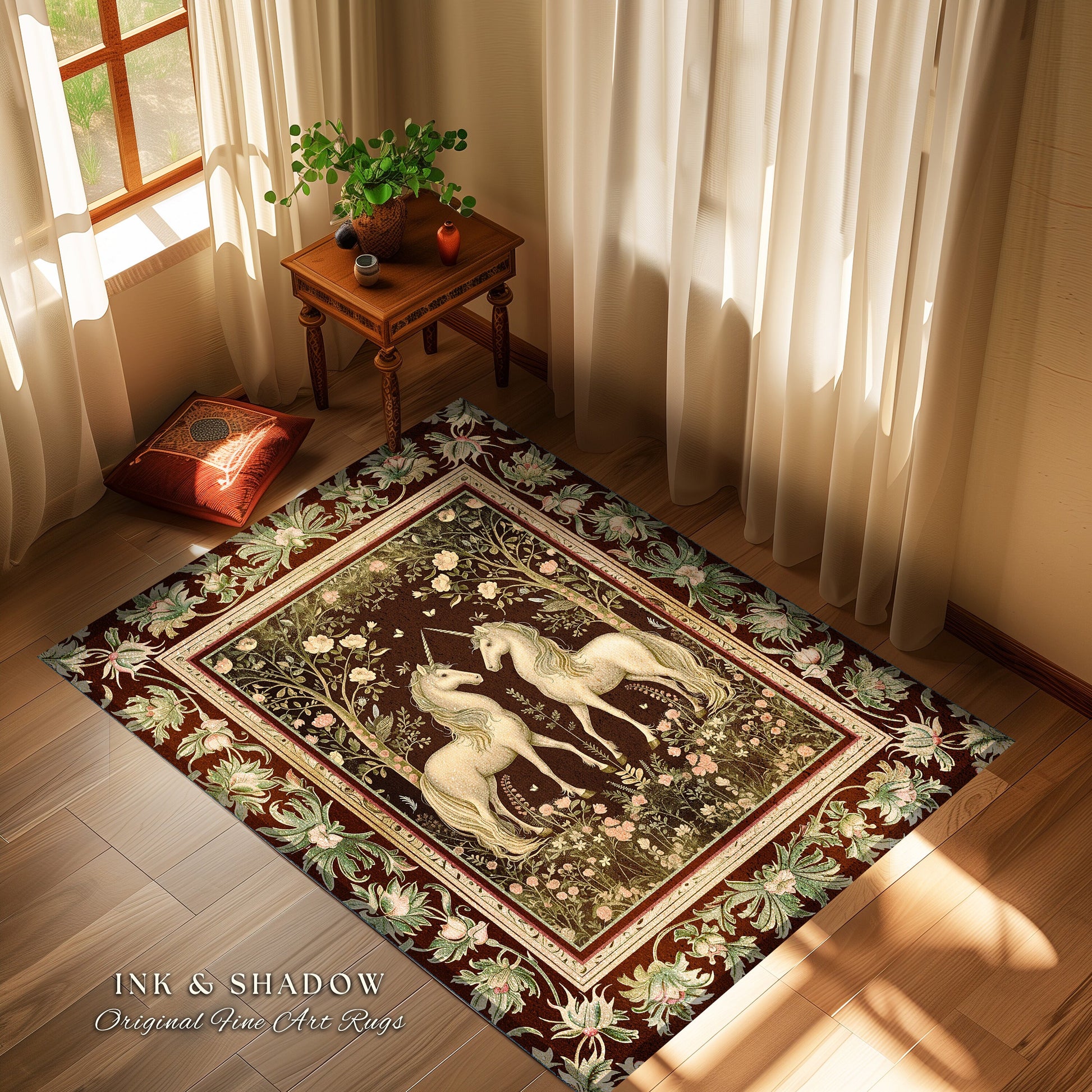 Mystic Storybook Aesthetic Unicorn Rug | Whimsical Sage Green Ornate Baroque Fantasy Area Rug Enchanted Nouveau Cottagecore Fairytale Accent