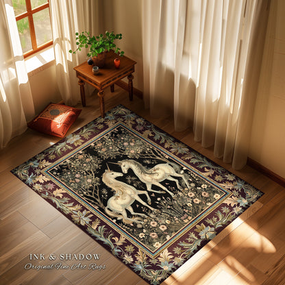 Enchanting Gothic Unicorn Lover Rug | Ethereal Woodland Whimsy Floral Fairytale Home Accent Rug Whimsical Decor Magical Fairycore Bedroom |