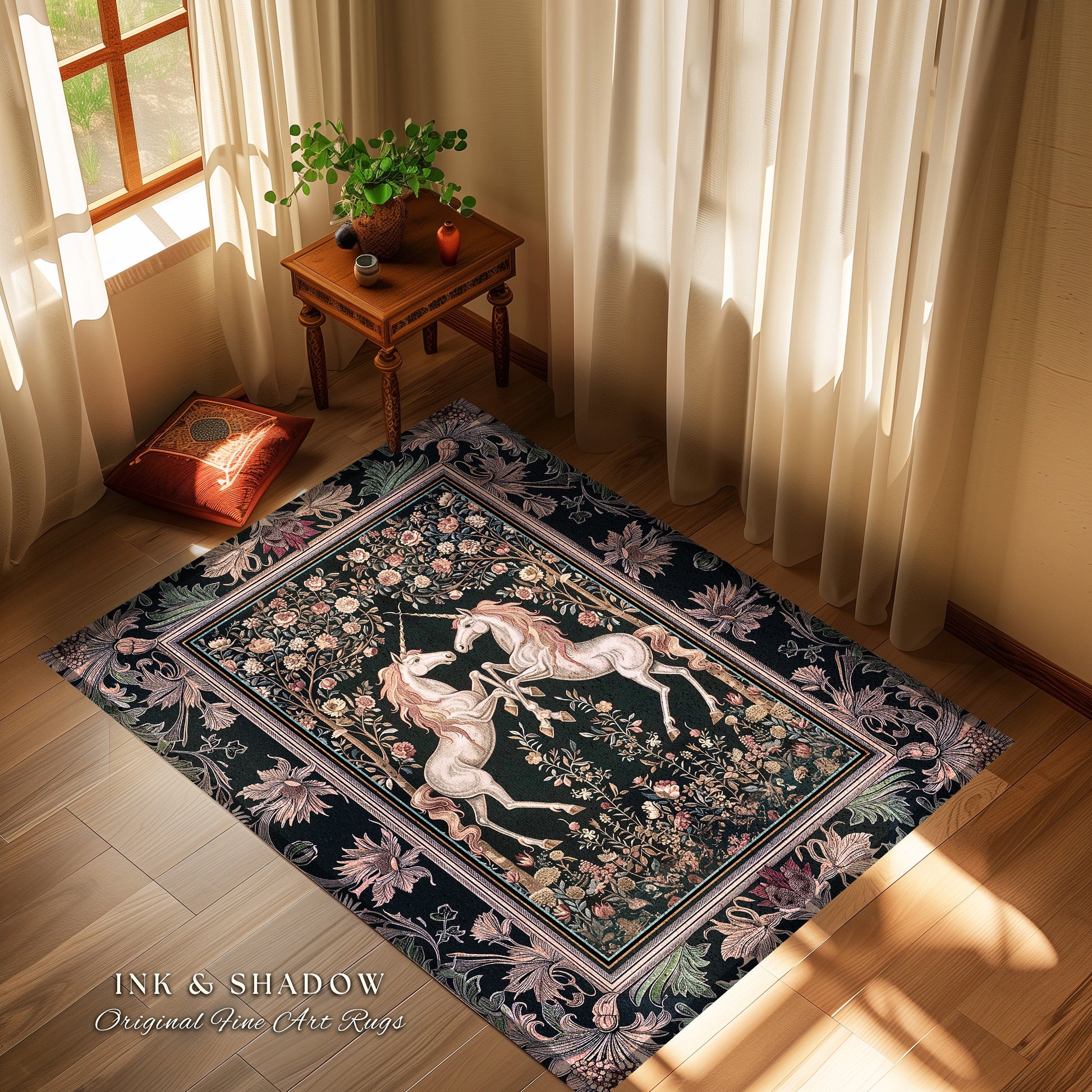 Floral Fairytale Ethereal Unicorn Area rug | Woodland Whimsy Fairy Home Accent Rug Whimsical Lavender Purple Decor Magic Cottagecore Cute |
