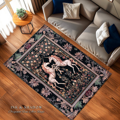 Floral Fairytale Ethereal Unicorn Area rug | Woodland Whimsy Fairy Home Accent Rug Whimsical Lavender Purple Decor Magic Cottagecore Cute |